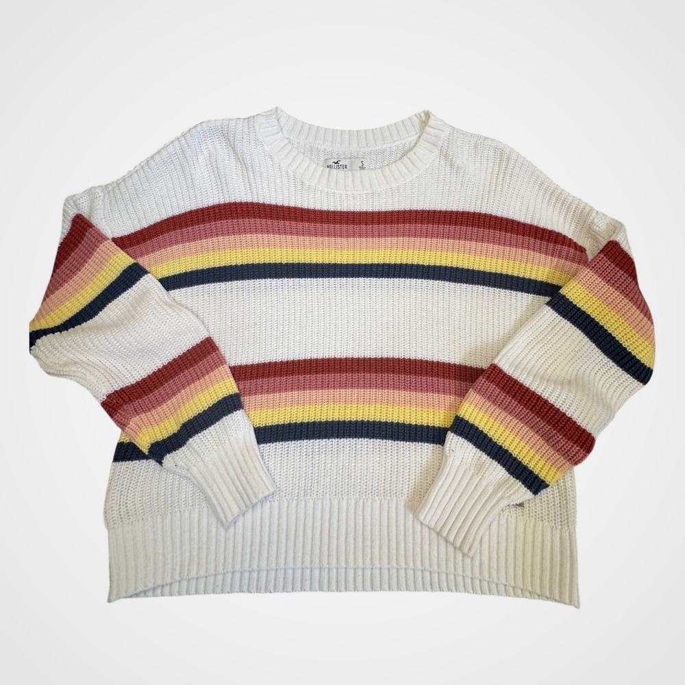 Hollister Womens White Striped Shaker Knit Crew Neck Sweater Small Multicolor